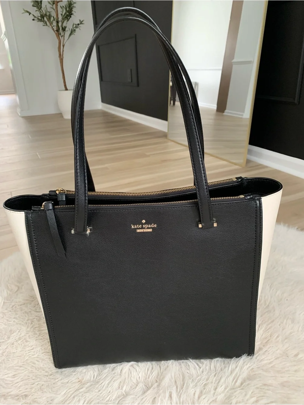 Kate Spade Black and White Leather Tote with Gold Hardware